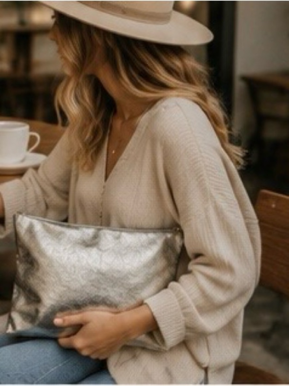 Free people metallic silver oversized clutch/ travel pouch/ statement organizer - Picture 5 of 14
